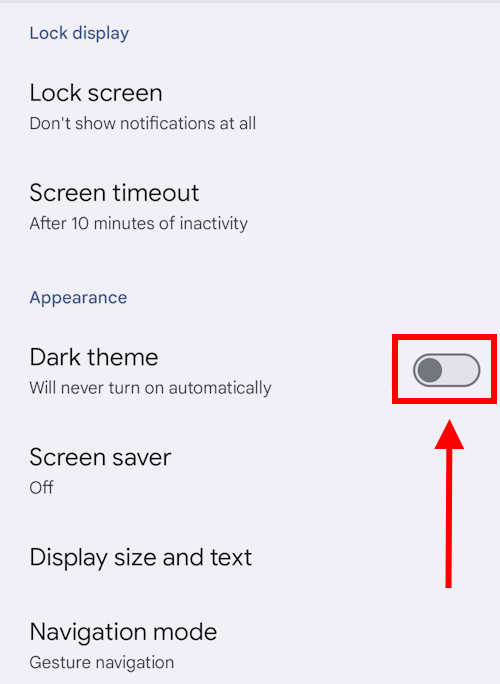 Tap the toggle switch for Dark theme to turn it on